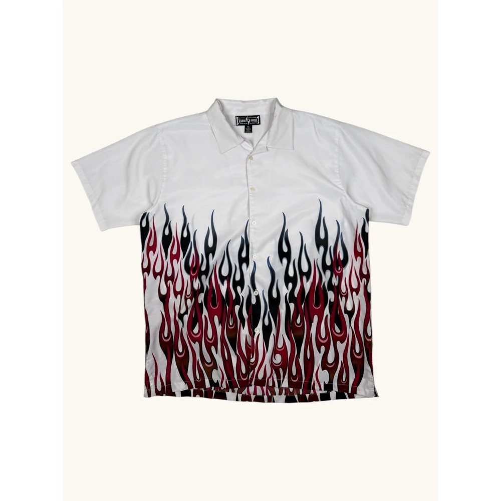 Steve & Barrys Luba Shirt Mens XL White Red Black Flame Graphic Button Down Y2K